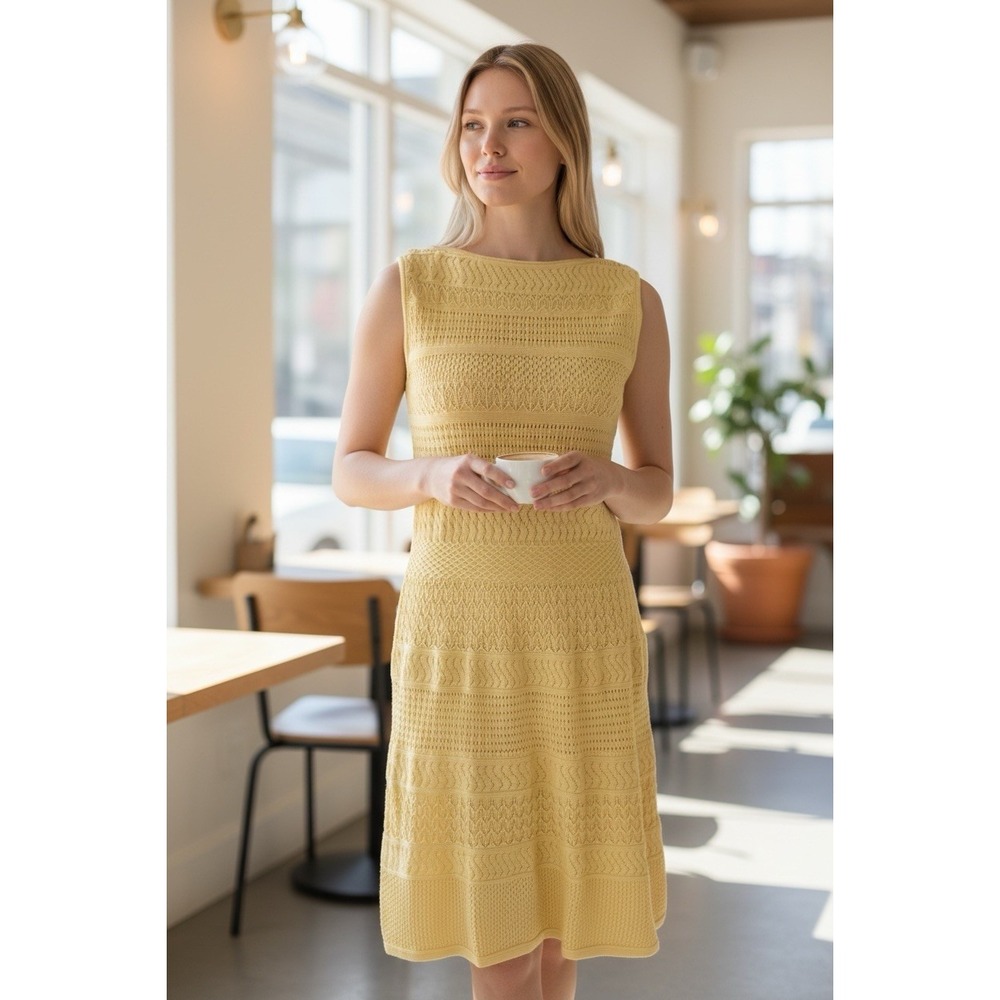 Ralph Lauren LRL Sz S Butter Yellow Open Knit Preppy Dress Slip Crochet Coastal
